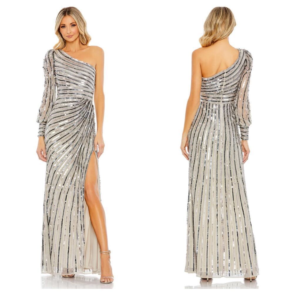 Mac Duggal 10793 Asymmetrical One Shoulder Sequin Gown Platinum Size 6 NWT